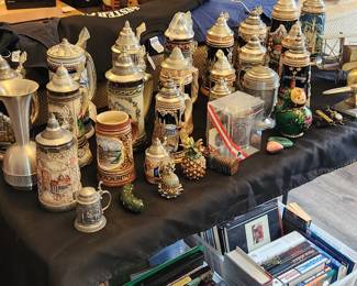 beer steins, books