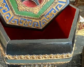 Antique Chinese Hand Carved and Painted Hexagonal Wooden Rice Barrel With Dragon Handles