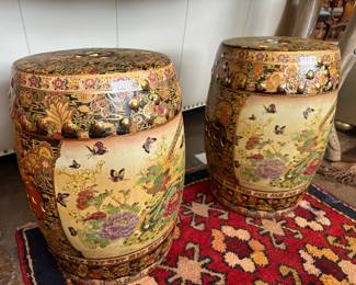Gilt Satsuma Porcelain Garden Stools Handpainted