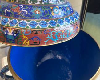 Pair of fabulous cloissane urns with lids. 