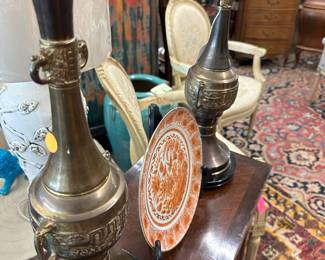 Pair of Japanese brass lamps 