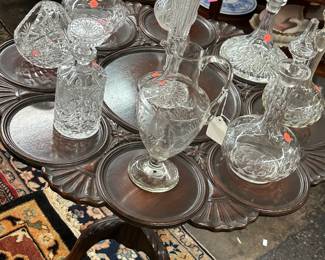 Oak pie table. And beautiful assortment of decanters. 