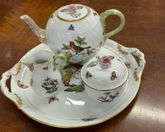 Herend teapot, sugar bowl, pitcher and serving tray. 