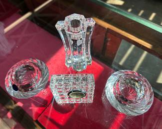 Cut crystal tea light holders, desk clock, vase. 