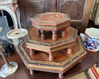 Antique Indian Bajot tiered prayer tables. 