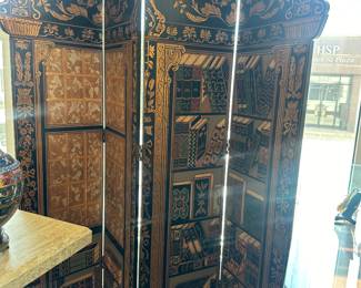 Floor length Asian paneled screen with library scene. 