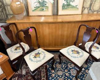 Needlepoint dining chairs. Cherry wood side table 