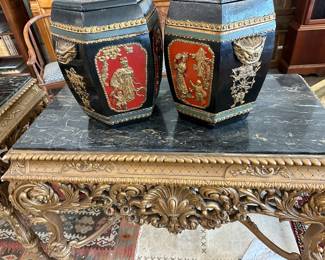 Antique Chinese Hand Carved and Painted Hexagonal Wooden Rice Barrel With Dragon Handles