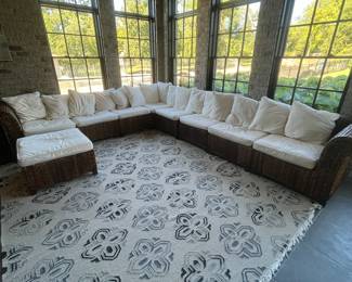 (9) piece Pottery Barn seagrass sectional with scatterback pillows and ottoman 