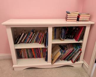 Pottery Barn white bookcase and children's books