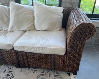 (9) piece Pottery Barn seagrass sectional with scatterback pillows and ottoman 