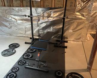 Progear weight bench with barbell rack and plates 