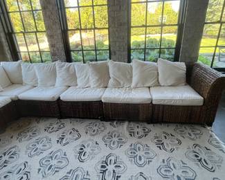 (9) piece Pottery Barn seagrass sectional with scatterback pillows and ottoman 