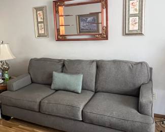 Furniture: sofa, side tables, coffee table, vintage mirrored shadow box by Illinois Moulding Company