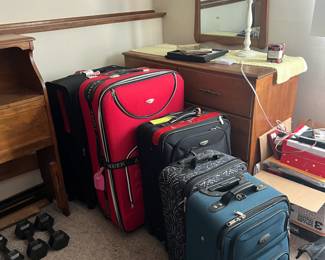 Dresser, full size headboard, luggage, weights