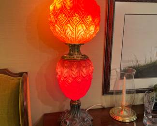 Victorian Consolidated Glass Imperial Red Satin Cerise Antique 19th Century Kerosene Lamp (it has been electrified, in good working condition) 