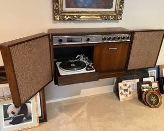 Mid Century Modern General Electric GE Wall Stereo Console Record Player with Built-In Speakers