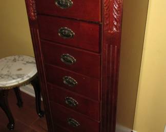 Tall jewelry armoire with side doors and flip-top mirror