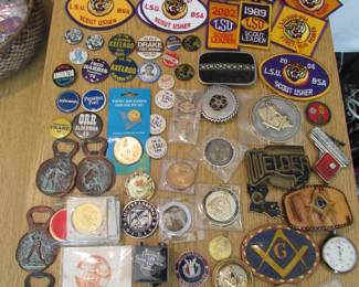 LSU BSA usher patches, Political buttons, Masonry items