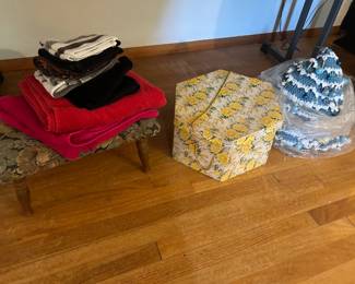 Crocheted Christmas tree, hat boxes, towels, and stools