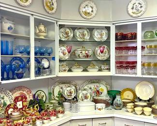 Spode “Asiatic Bird”, ruby crystal, Val St. Lambert, Mexican blue blown glass.  This kitchen is fun!