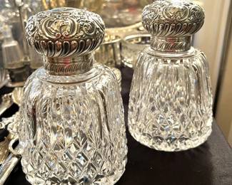 Pair of crystal and sterling large flacons