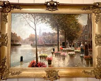 “Amsterdam Flower Market” vintage oil on canvas - large painting