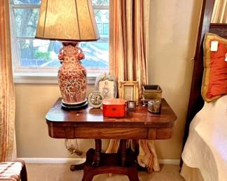 Pair of antique Empire style game tables; pair of Chinese lamps