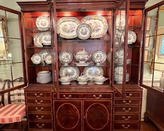 Henredon  “18th Century Porfolio Collection” lighted breakfront with pull-out desk; very large collection of Francis Morley “Cleopatra” ironstone