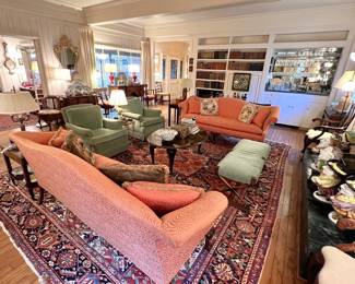 Amazing living room with antiques, Oriental rugs, mohair club chairs, Italian figurines, Chinoiserie pieces