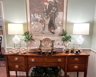 Kindle mahogany sideboard with brass railing; very large Japanese wood block; Spode, Royal Crown Derby, Herend, Royal Doulton; pair of custom rock crystal lamps on lucite bases