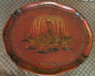 Antique Chinoiserie red lacquere table with lower shelf