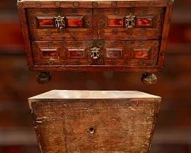 Antique small chest on legs with shell panel inserts