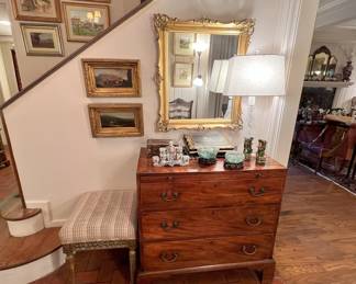 Stunning entry hall!  English chest; gilt mirror; rock crystal lamp, (2) 19th century French military paintings; French carved gilt wood stool