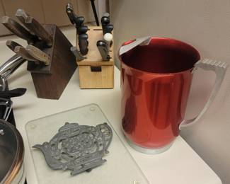 Vintage Red Aluminum Pitcher, Knife Sets