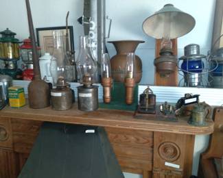 1/2 off today!Coleman lanterns and coffee pot Oak fire place mantle
