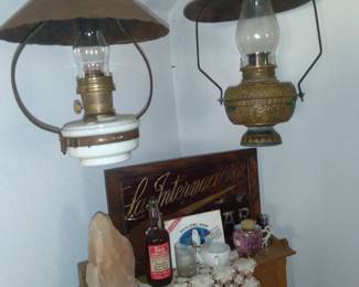 Aladdin and B&H lamps. Barber shop cabinet ,label under glass cigar sign