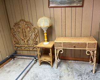 Wicker twin bed with side table and desk