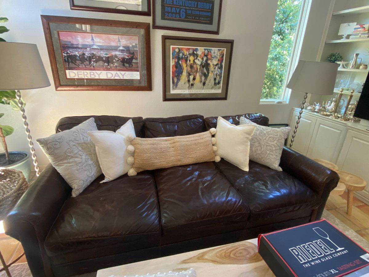 Restoration hardware leather sofa with 2 leather pillows it’s just broken in well. 