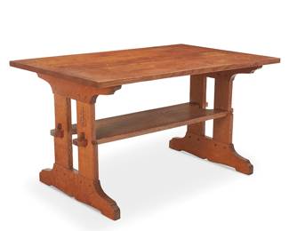102
A Roycroft Oak Trestle Table
Early 20th century
Marked with Roycroft orb to each side right leg
The quarter-sawn oak table with five-plank tabletop above a shaped undershelf with keyed mortise and tenon joints, raised on trestle legs with notched ends
29.5" H x 54" W x 35.25" D
Estimate: $2,000 - $3,000
