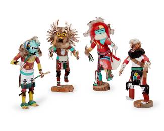 314
Four Hopi Katsina Figures
Four works:

Monty Dukepoo (b. 20th century, Hopi-Tewa)
An owl katsina figure, late 20th/early 21st century
Signed and marked to underside: Monty Dukepoo / Owl
Polychrome carved cottonwood, painted hide, feathers, and fur
Overall: 13.5" H x 6" W x 6" D

A tawa sun face katsina figure, late 20th/early 21st century
Marked to underside: Sun Face; signed illegibly
Polychrome carved cottonwood, feather, felt, and painted hide
Overall: 14" H x 7.25" W x 4.5" D

A chipmunk katsina figure, late 20th/early 21st century
Marked to underside: chipmunk kachina
Polychrome carved cottonwood, vinyl, feathers, shells, and cotton
Overall: 11" H x 5.5" W x 3.75" D

A parrot katsina figure, late 20th/early 21st century
Unmarked
Polychrome carved cottonwood, feathers, and cotton
Overall: 11.5" H x 6" W x 4.25" D

4 pieces
Estimate: $400 - $600