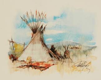 273
Paul Dyck
1917-2006
Native American Encampment, 1975
Watercolor on artist board
Signed lower right: Paul Dyck; Inscribed in ink, verso: "To my good friend Paul Weaver / for many years of / friendship / Paul Dyck 1975"
Sight: 9.5" H x 12.5" W
Estimate: $400 - $600