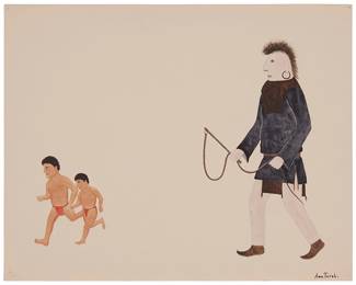 86
Awa (Alfonso Roybal) Tsireh
1895-1955, San Ildefonso Pueblo
"The Guard Of The Black Masa (Tsah-Ve-Yoh)"
Mixed media on paper
Signed lower right: Awa Tsireh; titled verso
11.25" H x 14.5" W
Estimate: $2,000 - $4,000