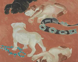 72
Jacqueline Rochester
1924-2010
Dogs With Navajo Silver And Turquoise Belts
Oil on canvas
Signed lower right: Jacqueline Rochester
30" H x 30" W
Estimate: $300 - $500