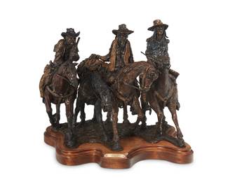 99
Gib Singleton
1935-2014
"Companeros," 1995, Cast 2009
Patinated bronze on a wood plinth
Edition: 13/25
Signed, dated, numbered, and titled in the casting: Singleton ©
Overall: 24" H x 27.5" W x 23.25" D; Bronze: 21.75" H x 26" W x 22.5" D
Estimate: $12,000 - $18,000