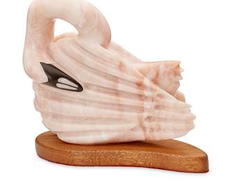 307
Tomas Red Bear Heidebrink
b. 20th century, Ogala Lakota
Swan Figure, 1986
Carved marble on a wood plinth
Incised signature and date to base of marble: T. Heidebrink / 86
Marble: 10" H x 12" W x 4.25" D; Plinth: 1.25" H x 12.25" W x 4.5" D
Estimate: $800 - $1,200