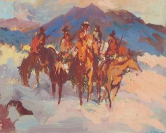 24
Joe Stahley
1894-1969
"Preliminary Sketch #4"
Gouache on paper laid to board
Signed lower right: J. Stahley; signed again and titled in green ink, possibly in another hand, on the frame's backing board
5.75" H x 7" W
Estimate: $200 - $300