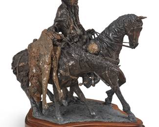 100
Gib Singleton
1935-2014
"Winter's Feast," Cast 2009
Patinated bronze on a wood plinth
Edition: 4/25
Signed and numbered in the casting: Singleton ©
Overall: 23.25" H x 22" W x 16" D; Bronze: 20.5" H
Estimate: $8,000 - $10,000