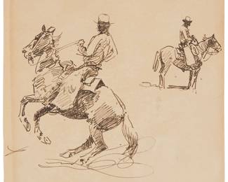 288
Attributed To Edward Borein
1872-1945
Two Horseriders
Ink on paper
Unsigned
Sheet: 6" H x 6.25" W
Estimate: $1,000 - $1,500