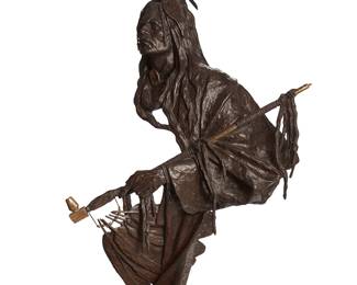 281
Joseph Velazquez
b. 1942
"Keeper Of The Medicine Pipe," 1981
Patinated bronze on a wood plinth
Edition: 16/21
Signed, numbered, and dated in the casting
Object: 41.5" H x 18.5" W x 21" D; Base: 31" H x 14.5" W x 14.5" D
Estimate: $1,500 - $2,500